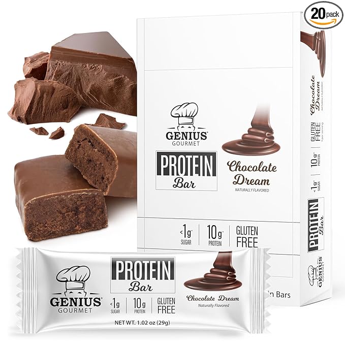 Genius Gourmet Protein Bar Chocolate Dream Keto Snack Low Carb Low Sugar &amp Gluten Free Protein Snacks for Adults 10G of Whey Protein per Protein Bar 5 Net Carbs 20 Count