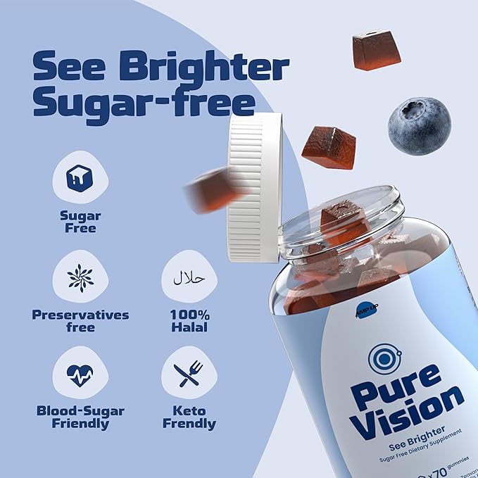 AmpUp Eye Wellness Sugar-Free Gummies with Lutein &amp Zeaxanthin Bilberry &amp Vitamin A + E Gluten Free Gelatin Free Non GMO Vegetarian Blueberry Flavor 70 Gummies (2)
