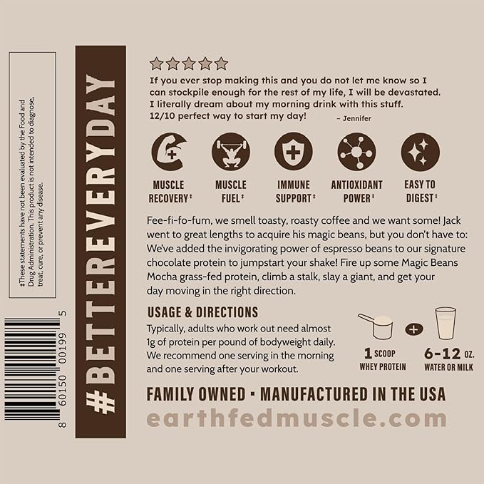 Earth Fed Muscle Magic Beans Mocha Truly Grass Fed Whey Protein Powder - No Artificial Ingredients Soy Free Gluten Free Non-GMO and Hormone Free (2 Pound 29 Servings Mocha)
