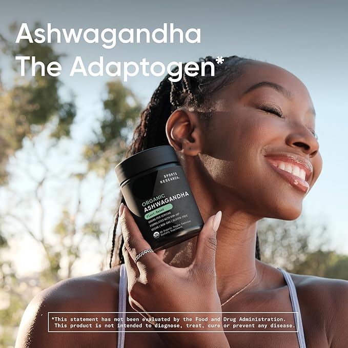 Sports Research® Organic Ashwagandha – Adaptogen for Relaxation Calm &amp Sleep Support – Made with Organic KSM-66® – 600 mg – Non-GMO Verified Gluten-Free Certified Vegan – 90 Veggie Capsules