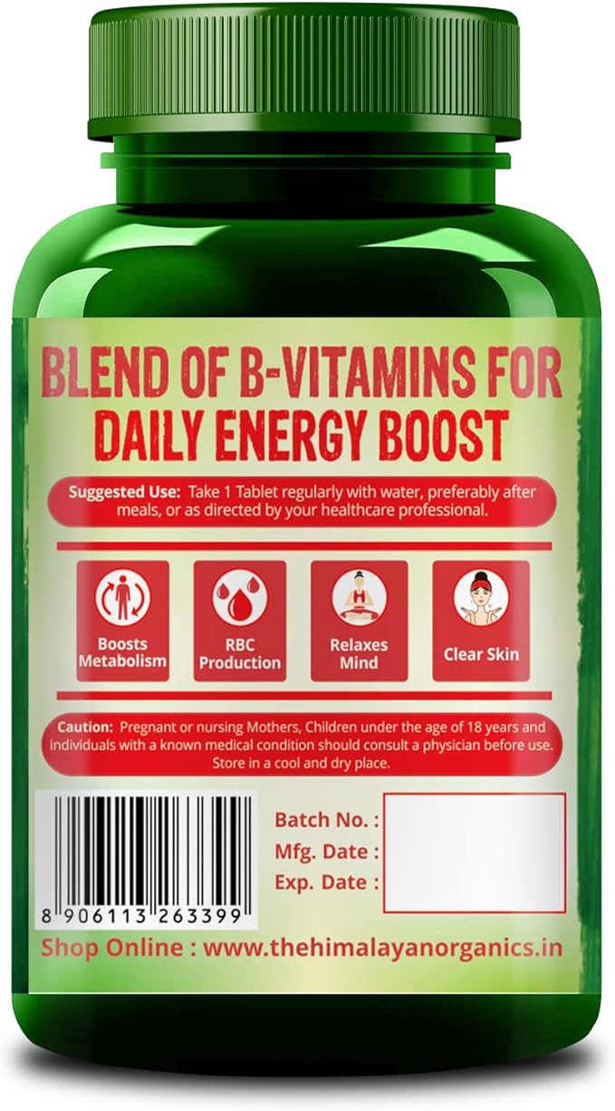 Himalayan Organics Vitamin B Complex with 100% RDA B1 B2 B3 B5 B6 B9 &amp B12 | 120 Veg Tablets