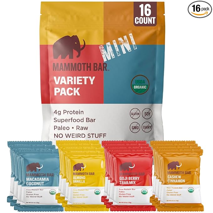 Mammoth Bar Mini - Variety Pack of our Mini Organic Protein Bars – Made with Premium Nuts &amp Egg White Protein • Organic • Paleo • Gluten Free • GMO Free • Raw - 16 Mini Bars