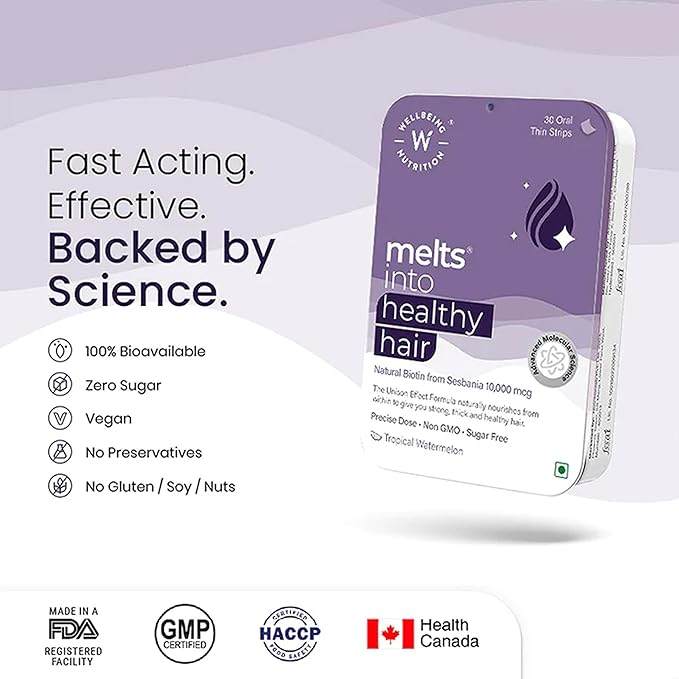 Wellbeing Nutrition Melts Healthy Hair (30 Oral Thin Strips) with Plant Based Biotin Zinc Bamboo Extract Folic acid for Hair Nourishment Strength and Thickness