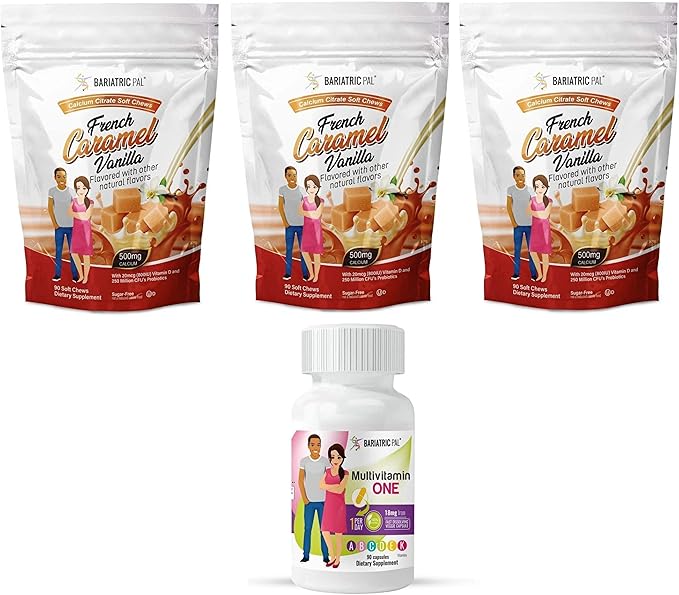 BariatricPal 90-Day Bariatric Vitamin Bundle (Multivitamin ONE 1 per Day! Capsule with 18mg Iron and Calcium Citrate Soft Chews 500mg with Probiotics - French Caramel Vanilla)