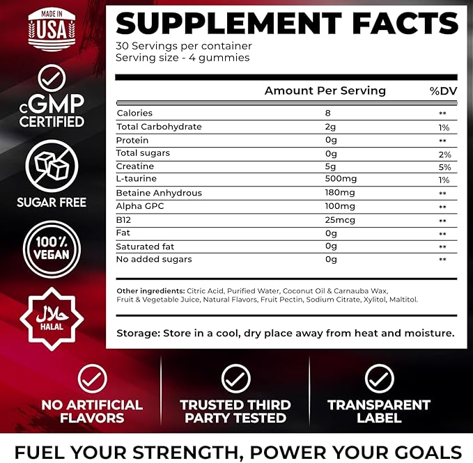 Creatine Monohydrate Gummies 5000mg – Advanced Muscle &amp Focus Blend with Alpha GPC B12 &amp Taurine – Vegan Sugar-Free Blueberry &amp Raspberry Flavors – Made in USA 120 Gummies (30 Servings