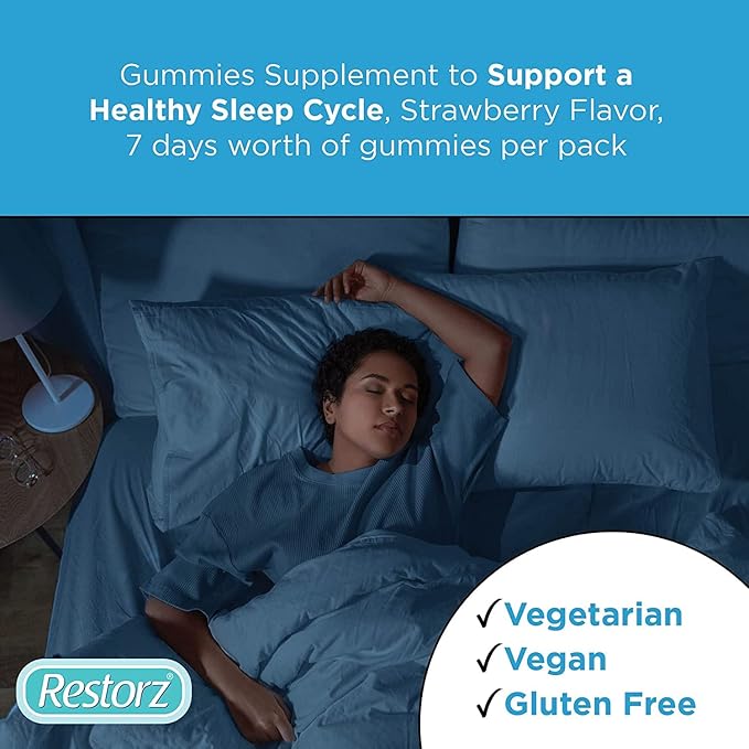 Restorz Restful Sleep Melatonin Gummies 5mg 5mg Melatonin Gummy Supplement to Support a Healthy Sleep Cycle Strawberry Flavor (2 Month Supply of 120 Gummies - 12 Packs 10 per Pouch)