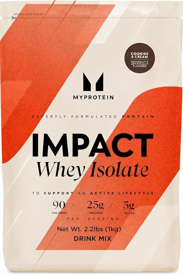 Myprotein Impact Whey Protein Isolate 2.2 Lbs (40 Servings) Cookies &amp Cream 19g Protein 3.5g Glutamine &amp 4.5g BCAA Per Serving Protein Shake for Muscle Strength &amp Recovery