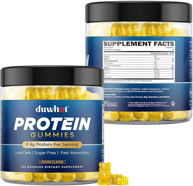 Whey Protein Gummies Sugar Free Low Calorie 8g Protein Per Serving Easy to Take Snacks for Men &amp Women Lemon Flavor 1 Month Supply 120 Chews