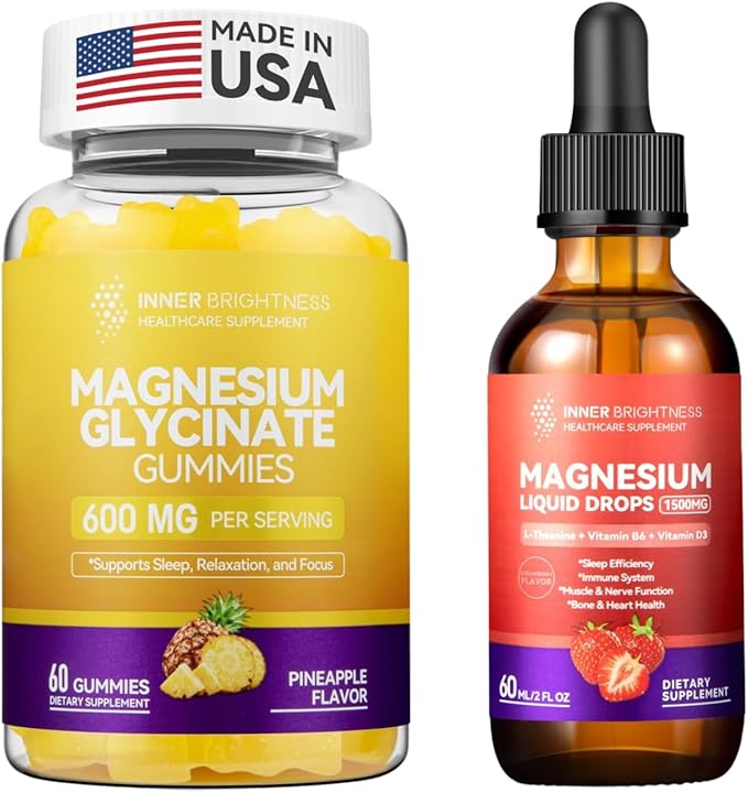 Magnesium Glycinate｜Gummies for Adults Sleep Relaxation &amp Focus Pineapple Flavor &amp Liquid with Magnesium Citrate &amp Taurate Strawberry Flavor