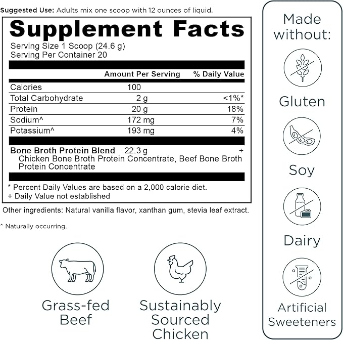 Ancient Nutrition Grass Fed Cage Free Bone Broth Protein Powder 20g Protein Hydrolyzed Collagen Peptides Keto &amp Paleo Friendly Supports Joint Gut Health Vanilla 20 Servings