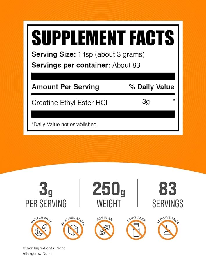 BulkSupplements.com Creatine Ethyl Ester HCl Powder - Creatine Supplement Creatine Ethyl Ester Powder - Unflavored &amp Gluten Free 3g per Serving 250g (8.8 oz) (Pack of 1)