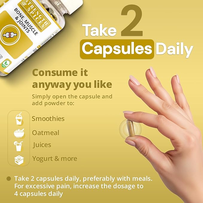 Strength &amp Spices Bone Muscle &amp Joints 100% Natural Supplement – 28 Ingredients w Turmeric - 60 Vegan UK Made 1000mg Capsules – Mobility and Flexibility Support