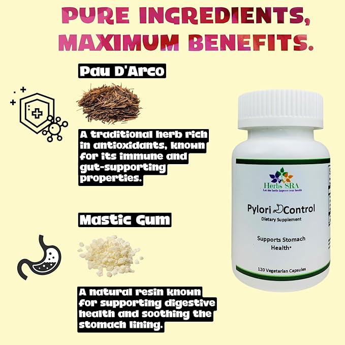 Pylori Control Digestive Support Supplement with Mastic Gum &amp PAU D’Arco – Supports Stomach Health and Digestive Wellness – 120 Vegetarian Capsules