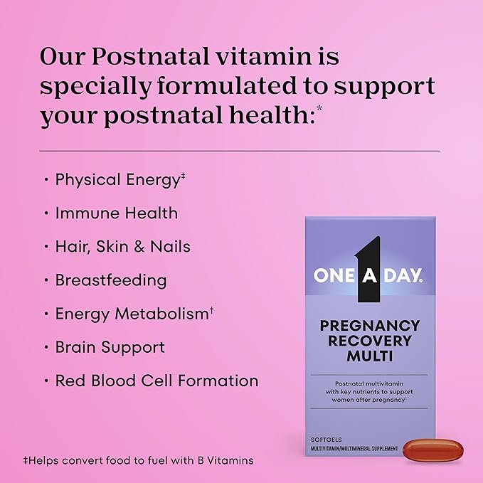 One A Day Postnatal Vitamins for Women Postnatal Multivitamin with Folic Acid Omega-3 DHA B Vitamins Support Immune Health Breastfeeding Post Partum Essential Nutrients for Women 60 Ct
