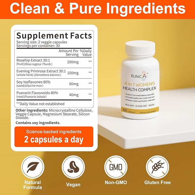 4-in-1 Women’s Hormonal Balance Complex Supplement | Rosehip Pueraria &amp Evening Primrose with Soy Isoflavones | Menstrual Cycle Menopause Energy Level &amp Healthy Skin Support