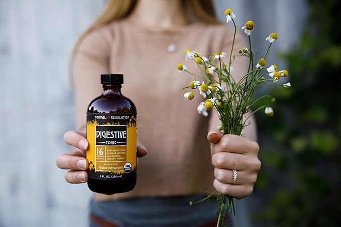 Herbal Revolution Digestive Tonic - Certified Organic Non-GMO Apple Cider Vinegar Infused with Honey Burdock Root Dandelion Lemon Balm &amp More Made Using Regenerative Farming Practices - 8 Fl O
