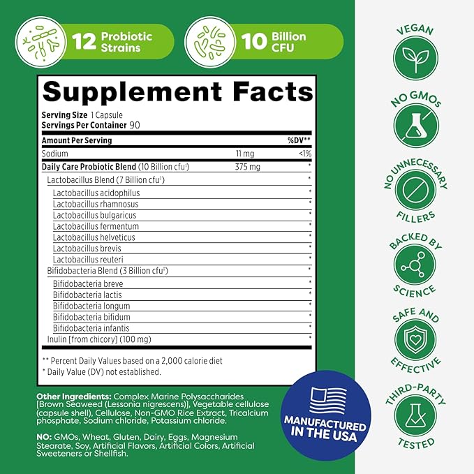 Probulin Daily Care Probiotic Supplement Digestive Gut and Immune Health Support Capsules for Men and Women 10 Billion CFU Vegan 90 Count Bottle