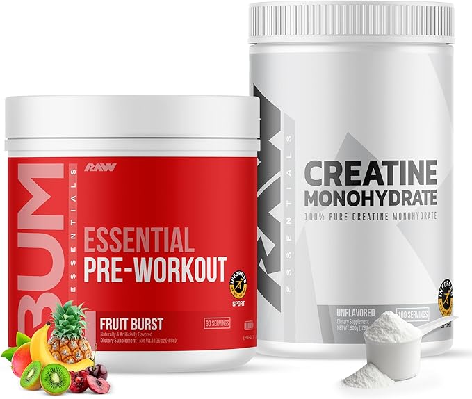 RAW Nutrition Creatine Monohydrate &amp Fruit Burst Pre-Workout Powder Bundle
