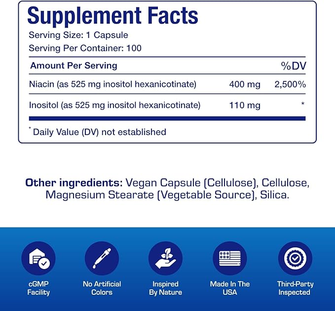 High Absorption Vitamin B3 Niacin Flush Free - Clinical Formula Flush Free Niacin Supplement from Inositol Hexanicotinate for Heart Skin &amp Nerve Support - Vegan Non-GMO Made in The USA - 100 Servi