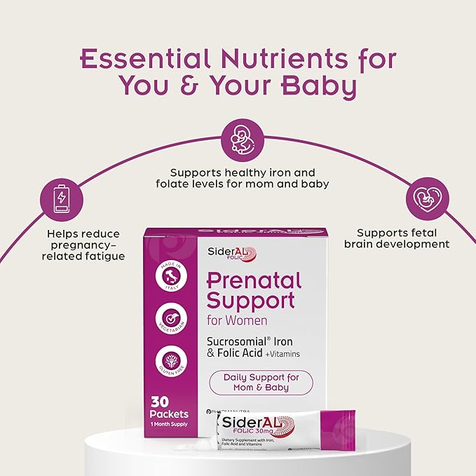 SiderAL Prenatal Vitamins for Women | Clinically Proven Iron Supplement for Women with Folic Acid Vitamin C D B6 &amp B12 | Trusted Multivitamin for Pregnancy &amp Energy Support | 30 Powder Sti
