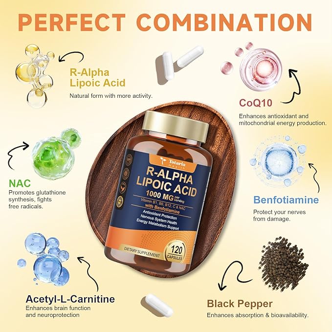 Totaria Alpha Lipoic Acid 1000mg + R Lipoic Acid 1000mg - ALA Supplement Antioxidant for Neuropathy Support Nerve Health Liver Detox Antioxidant Metabolism and Cell Energy