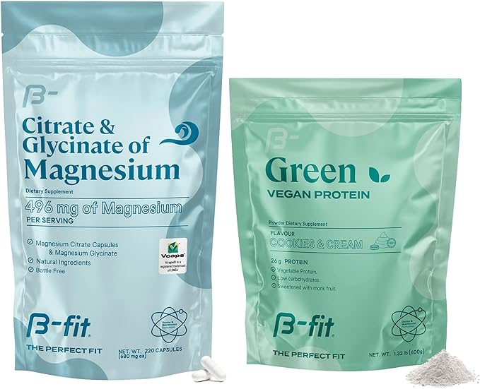 B-FIT B Glycinate &amp Citrate Magnesium + Vegan Protein - 496 mg Elemental Magnesium - High Absorption Formula - Pea Protein Powder 600g - Plant Based Protein Shake