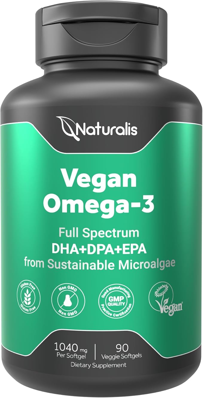 Naturalis Double Strength Vegan Omega 3 DHA EPA &amp DPA from Microalgae | Vegan Society Certified Sustainably Sourced True Full Spectrum | 90 Veggie Softgels (Carrageenan Free)