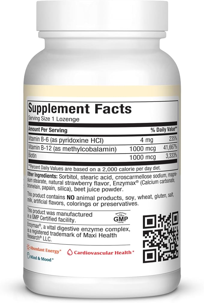 Maxi Health Triple B Lozenges - Vitamin B12 &amp B6 &amp Biotin - Strawberry Flavor - 90 Chewies - Kosher