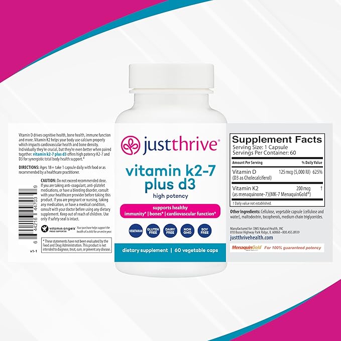 Just Thrive Vitamin K2-7 Plus D3 - Immune Heart and Bone Health Supplement 60 Vegetable Capsules