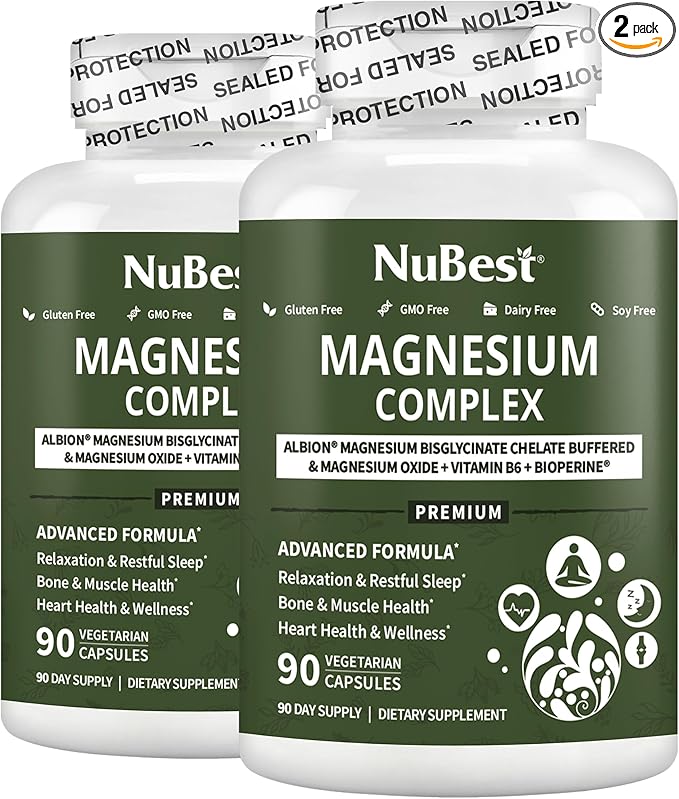 Magnesium Glycinate Chelate Complex with Albion Magnesium Bisglycinate Chelate Vitamin B6 &amp BioPerine for Bone Muscle Natural Sleep Nerve Function Brain Booster | Pack 2