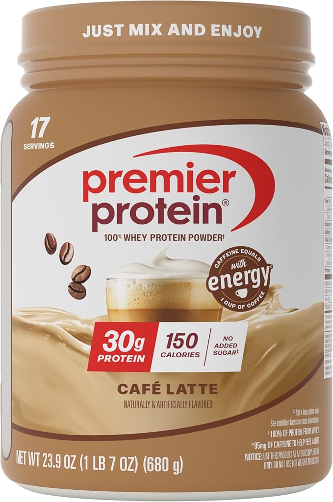 Premier Protein Powder Café Latte 30g Protein 95mg Caffeine for Energy No Added Sugar 100% Whey Protein Keto Friendly Soy &amp Gluten Free 23.9 oz (17 Servings)