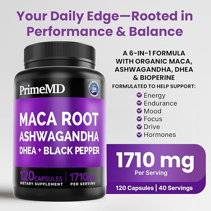 6-in-1 Organic Maca Root Ashwagandha Capsules 1710mg with DHEA and Black Pepper Fruit Extract for Women and Men - Black Maca Supplement for Stamina Bone and Mood Support Supplement 120ct (Pack of 2)
