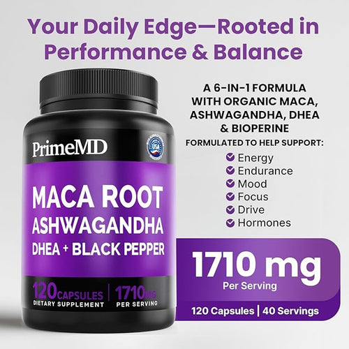 6-in-1 Organic Maca Root Ashwagandha Capsules 1710mg with DHEA and Black Pepper Fruit Extract for Women and Men - Black Maca Supplement for Stamina Bone and Mood Support Supplement 120ct (Pack of 2)
