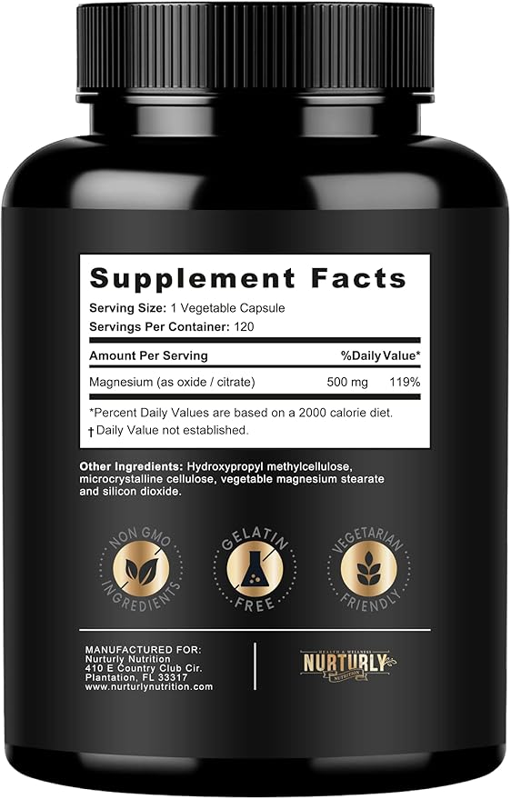 Magnesium Citrate &amp Oxide 500mg Complex Supplement - High Absorption Maximum Strength - Helps Support Bone Density and Strength Muscles Energy and Sleep - 360 Vegan Capsules