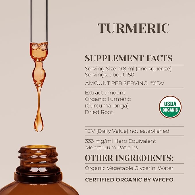 Turmeric USDA Organic Alcohol-Free Extract | Dietary Supplement High-Potency Tincture | Natural Certified Organic Turmeric (Curcuma Longa) Dried Root (4 oz)