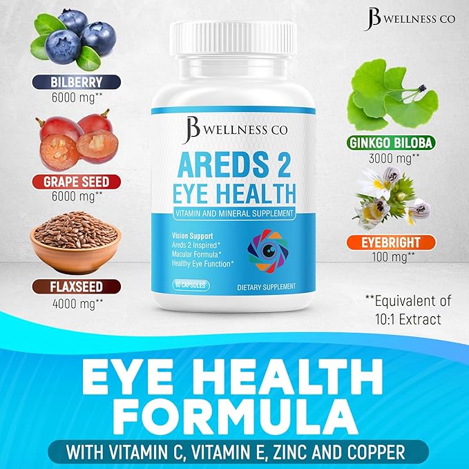 JB Wellness AREDS 2 Eye Vitamin &amp Mineral Supplement Contains Lutein Vitamin C Zeaxanthin Zinc &amp Vitamin Enhance Vision Supplement - 180 Count