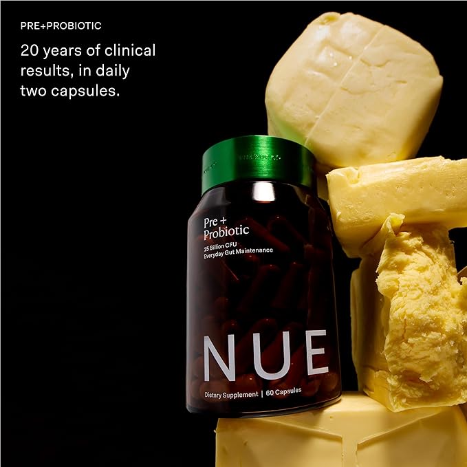 The Nue Co. Pre + Probiotic Supplement - Synbiotic &amp Spore Based Formula for Daily Gut Balance - Vegan &amp Gluten Free Immune Supplement - Supports Digestive Wellness Immunity &amp Skin | 60 C