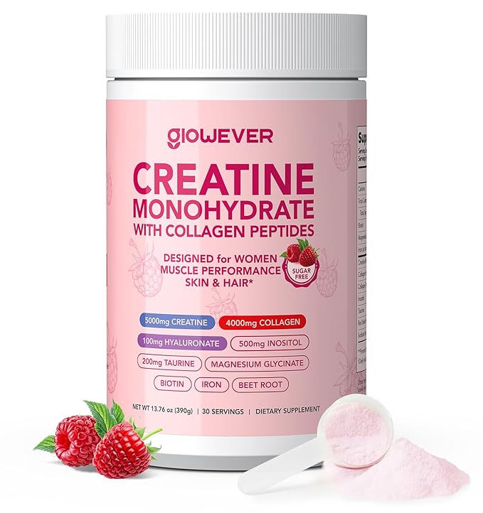 Creatine for Women | 5g Creatine Monohydrate + 4g Collagen Peptides Complex Creatine Powder | Sugar-Free Gluten-Free Non-GMO Easily Soluble | Raspberry 30 Servings