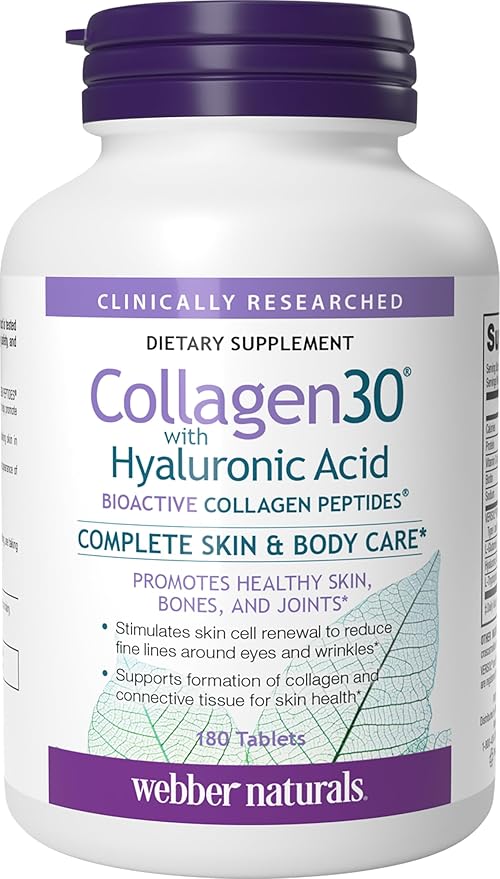 Webber Naturals Collagen30 with Hyaluronic Acid Bioactive Collagen Peptides 180 Tablets Helps Reduce Eye Wrinkles and Fine Facial Line Non GMO