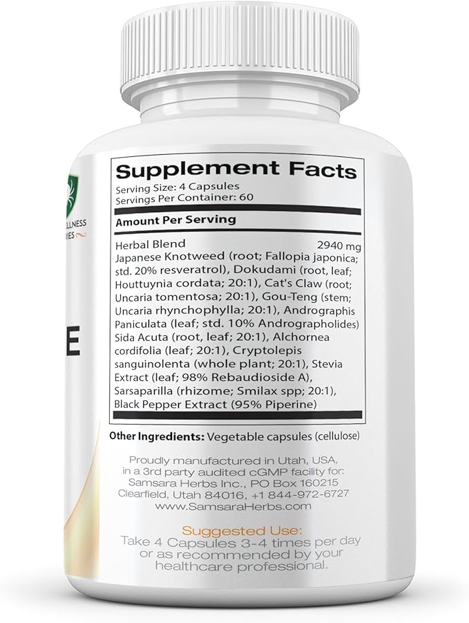Samsara Herbs Tick Immune Support - Japanese Knotweed Cats claw Andrographis Cryptolepis Sarsaparilla Resveratrol Tick Bite Support 240 Capsules