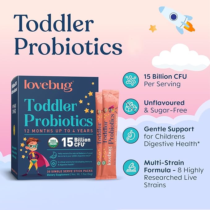 LOVEBUG Kids Probiotic Powder with Prebiotic Fiber - Toddler Immunity Support &amp Constipation Relief - USDA Organic Probiotics for Childrens Gut &amp Digestive Health (Ages 1-4) - 60 Pack (Unflavo