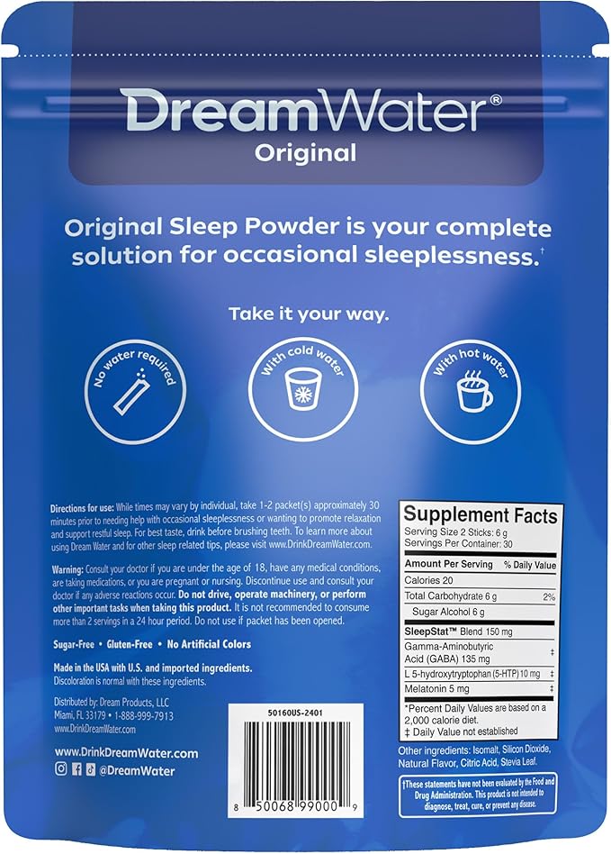 Dream Water Sleep Powder Sugar-Free Gluten-Free Natural Flavors Blend of 3 Ingredients GABA 5mg Melatonin 5-HPT Snoozeberry Flavor 60ct