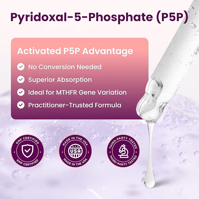 P5P Vitamin B6 Liquid Drops (Pyridoxal 5 Phosphate) – Active Form B6 Supplement – 60 Servings (2 Month Supply) – 2 Fl Oz (58mL) – Solrients