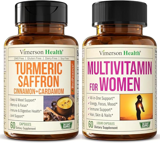 Vimerson Health Turmeric Saffron &amp Women’s Liquid Multivitamin – Mood Energy &amp Joint Wellness Bundle for Women