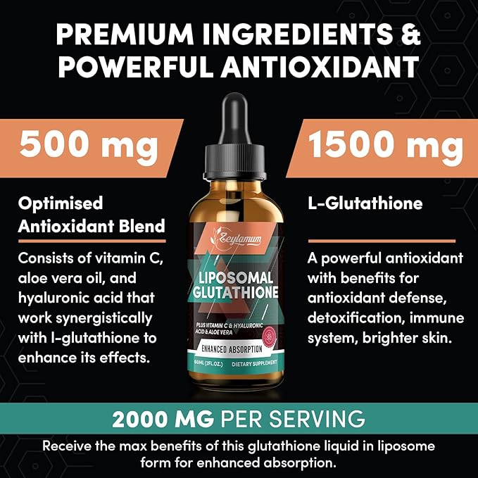2000MG Liposomal Glutathione Liquid Drops Ultra High Absorption Natural Detoxification Immune System &amp Skin Support* L-Glutathione Vitamin C &amp Hyaluronic Acid Capsules Alternative 4.05