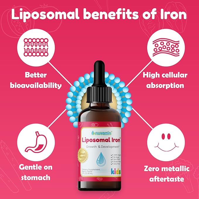 Nuvamin – Liquid Liposomal Iron Drops for Baby Toddlers Kids &amp Teens 2Fl.Oz (60ml) 120 Daily Serving. Great Taste - All Natural - Vegan - No Metallic Aftertaste Berry Flavor