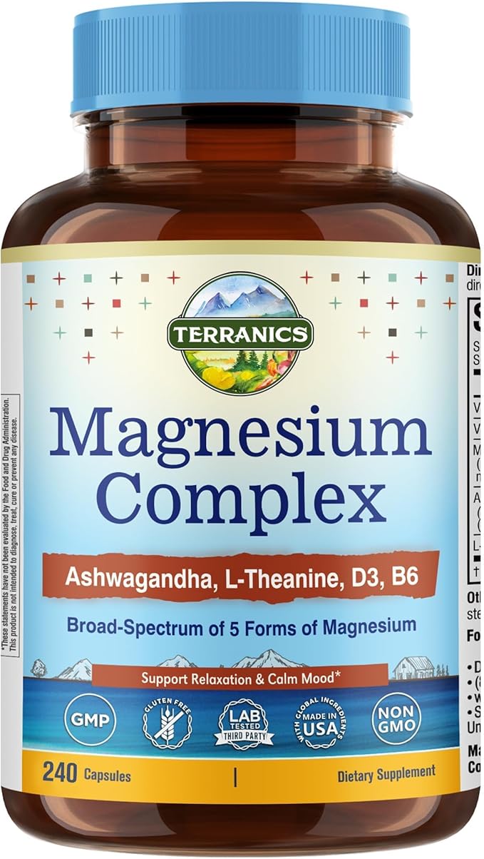 Terranics Magnesium Complex Supplement with Glycinate Citrate Taurate &amp Malate | Supports Nerve &amp Mood Health | Includes Ashwagandha L-Theanine Vitamin D3 &amp B6 | 240 Capsules | Non-GMO