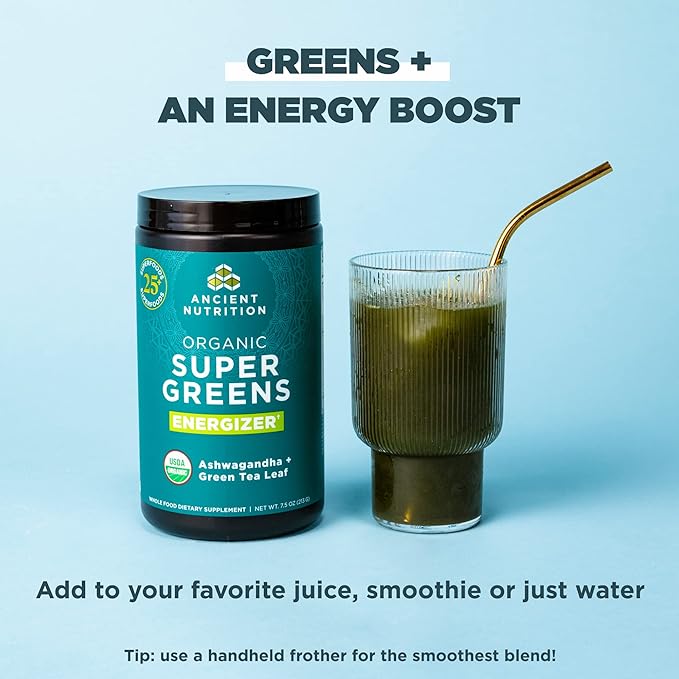 Ancient Nutrition Organic SuperGreens Energizer Powder with Probiotics and B12 Made from Real Fruits Vegetables and Herbs for Digestive Detoxification and Energy Support 25 Servings