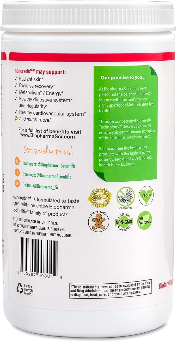 Biopharma Scientific Nanoreds: Reds Superfood Fruit &amp Vegetable Powder Smoothie Mix for Digestive Health &amp Immunity with Antioxidants VitaminC Elderberry Pomegranate Berry Flavor 30 Servi
