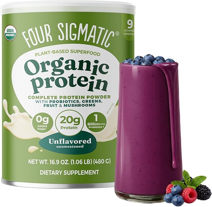 Four Sigmatic Organic Plant-Based Protein Powder | Clean Vegan Protein Elevated with Lion’s Mane Chaga Cordyceps and More for Brain Function and Immune Support | Unflavored 16.9 oz